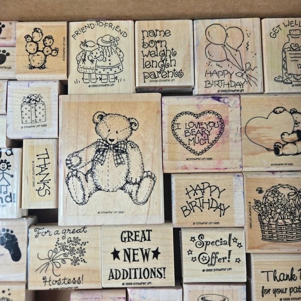Vintage 1990s Stampin Up Wood Mounted Rubber Stamps Large Lot 50+ Retired